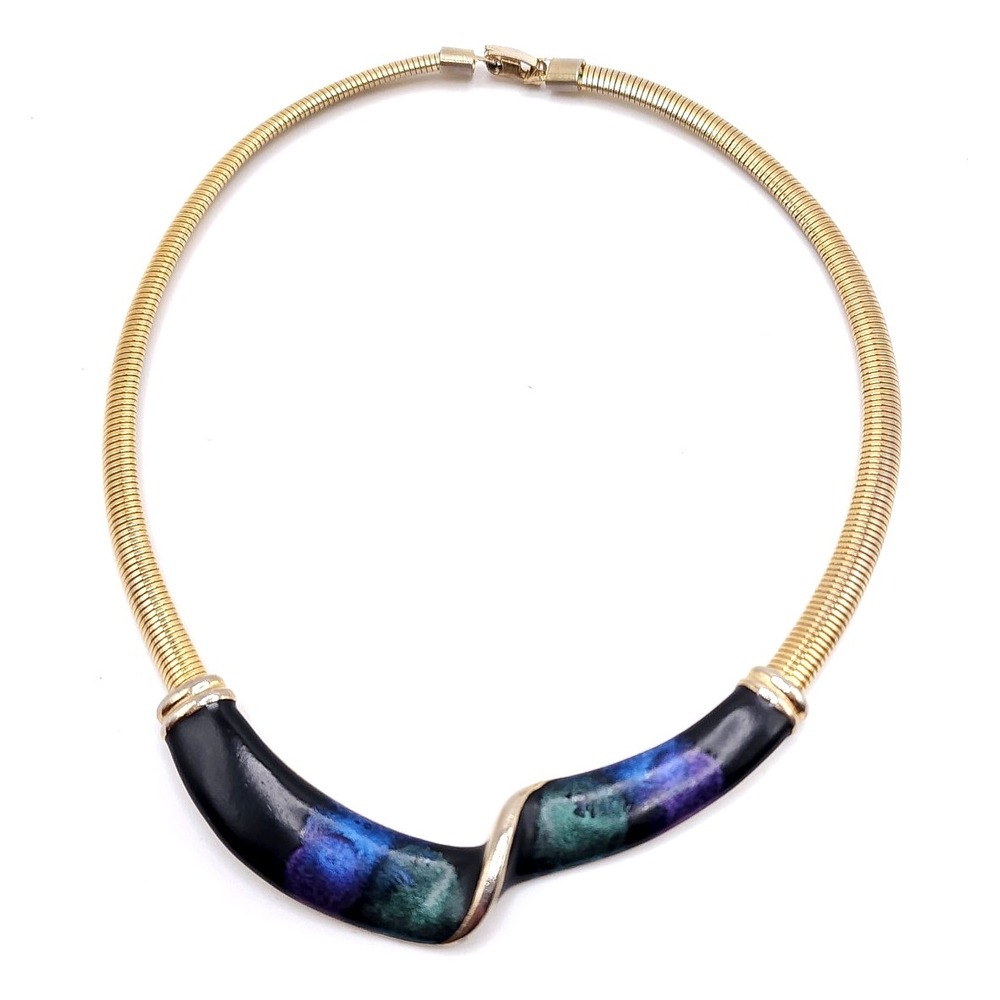 Vintage 1980s Gold Tone Gas Pipe Collar Necklace Enamel Twist